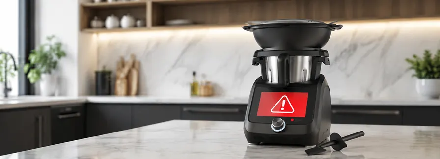 Robot kuchenny Monsieur Cuisine (Lidlomix) na blacie w kuchni, z czerwonym symbolem ostrzeżenia na wyświetlaczu